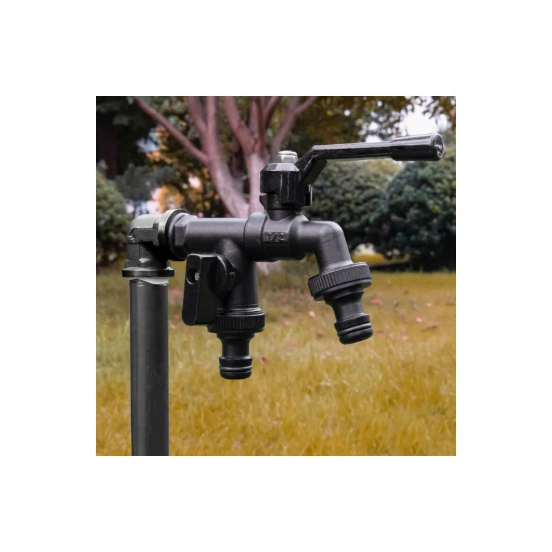 TMOK Modern Outdoor Double Outlet Brass Garden Faucet Bibcock with Steel Handle for Washing Machine Use