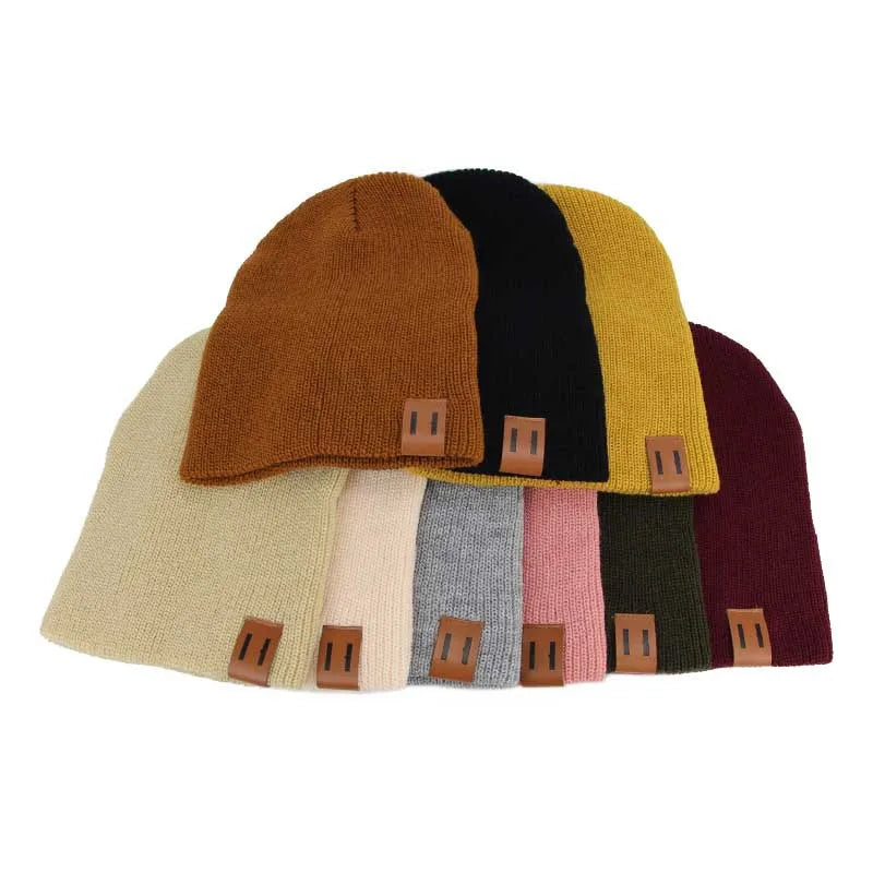 Wholesale 2022 New Customized Label Children Baby Infant Winter Hats Knit Beanies With Leather Patch for Toddler Kids