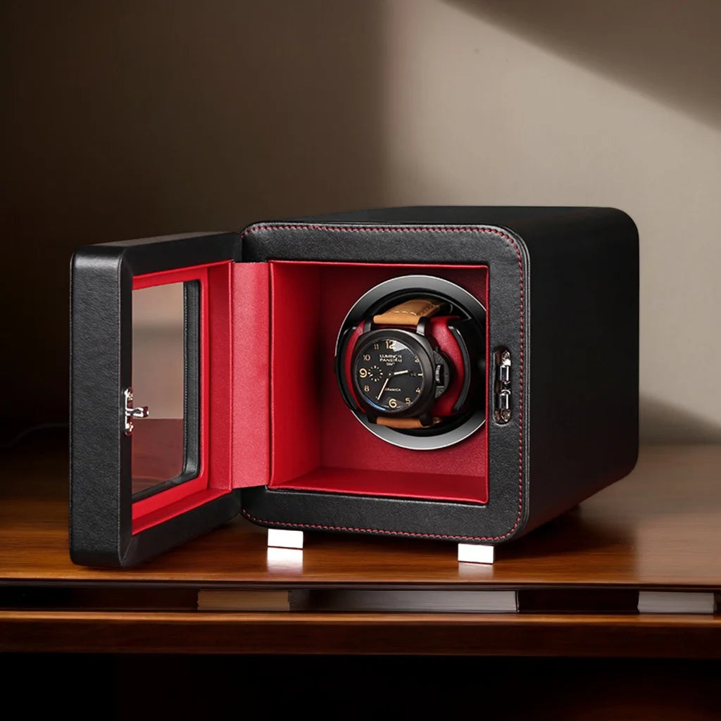 DRIKLUX High Quality Protective Square Wood Single Rotary Luxury Leather Inner Automatic Watch Winder Box Orbit Winder Model