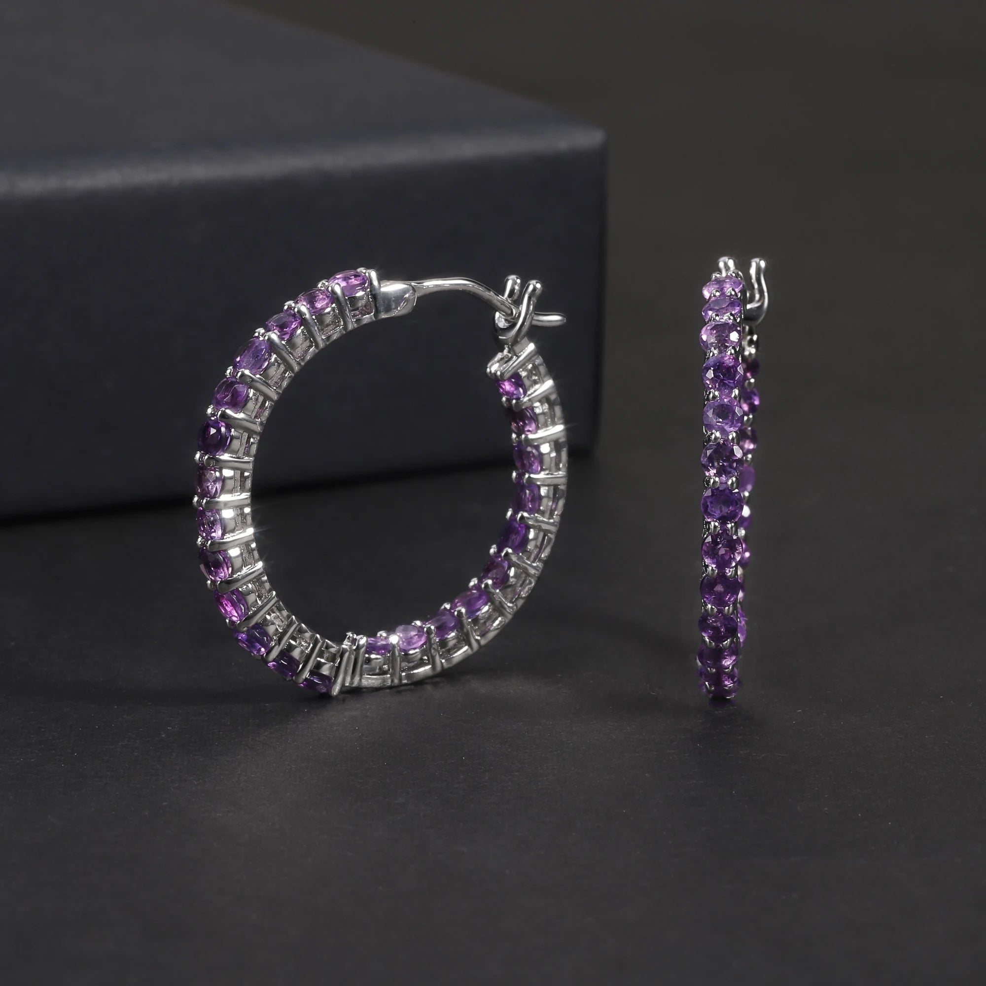 RZ0005 Abiding Jewelry Inside-out Designs Round 2.5mm Natural Amethyst Women Custom Bling 925 Sterling Silver Hoop Earrings