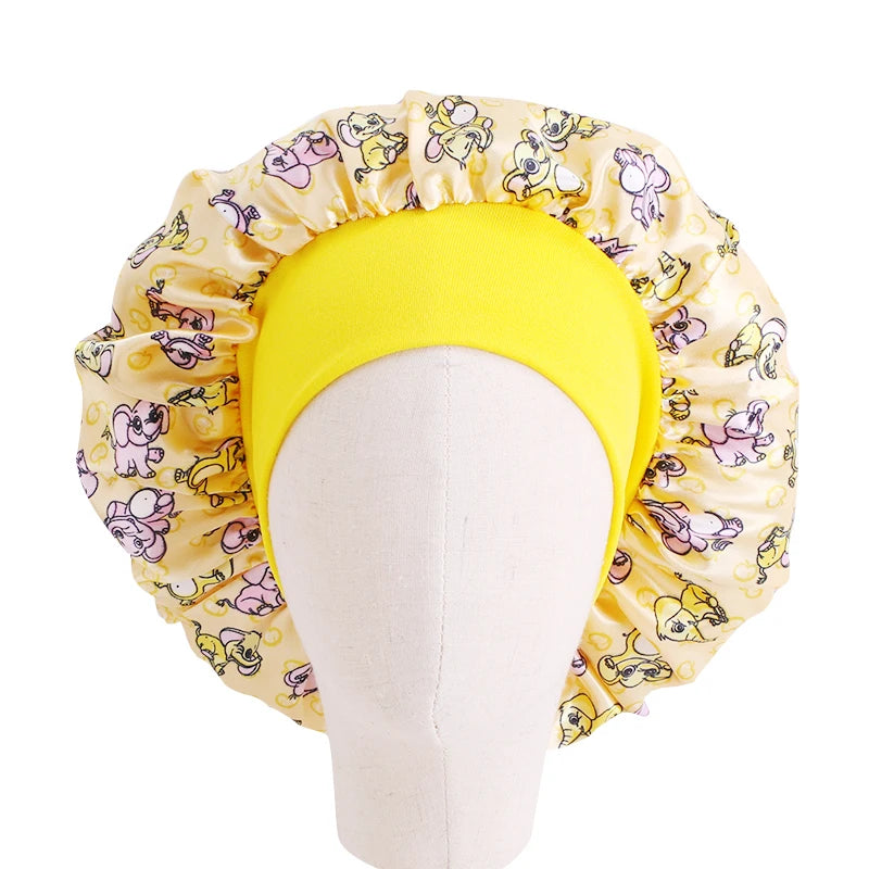 Kids Satin Bonnet Wide Elastic Band Sleeping Cap Soft Silk Night Hair Hats for Teens Toddler Child Baby