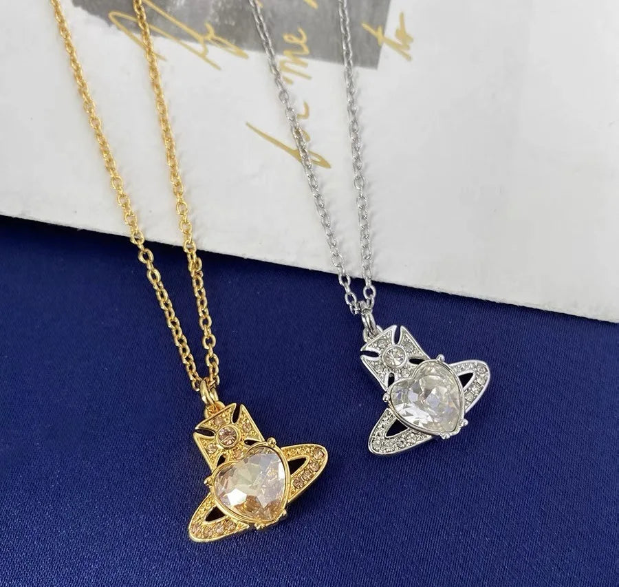 Top Fashion Gold Plated Cubic Zirconia Heart Necklace Shiny Layered Crystal Crown Pendant Necklace for Women Girlfriend