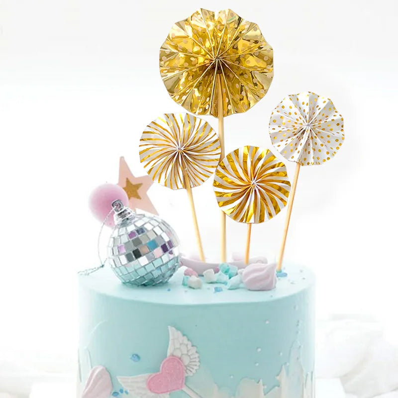 Pink Blue White Folding Paper Fan Flower Birthday Graduation Cake Topper Party Decoration