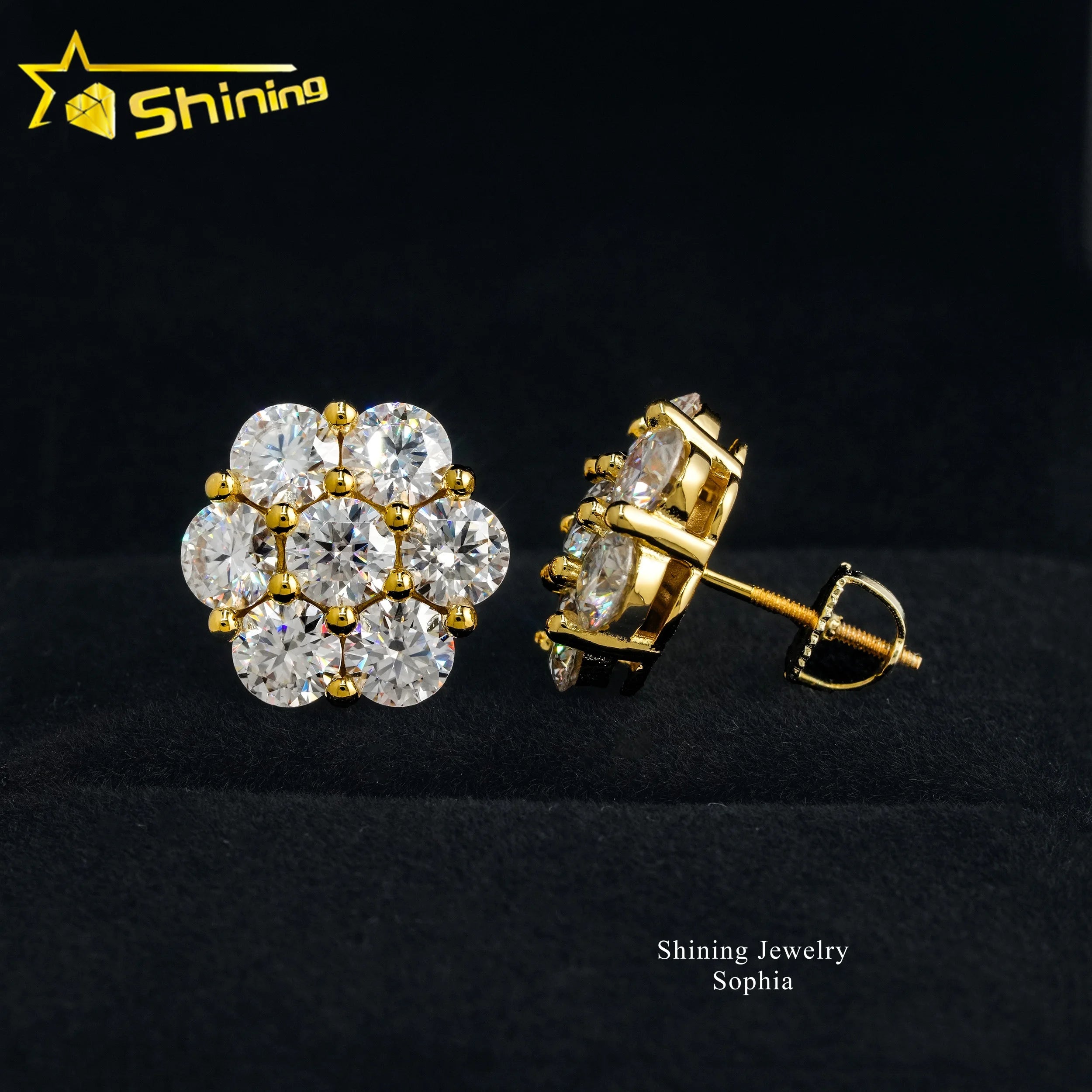 Shining Hot Top Selling Pass Diamond Tester Fine Jewelry 925 Silver 8mm 12mm 15mm Flower Earrings VVS Moissanite Stud Earrings
