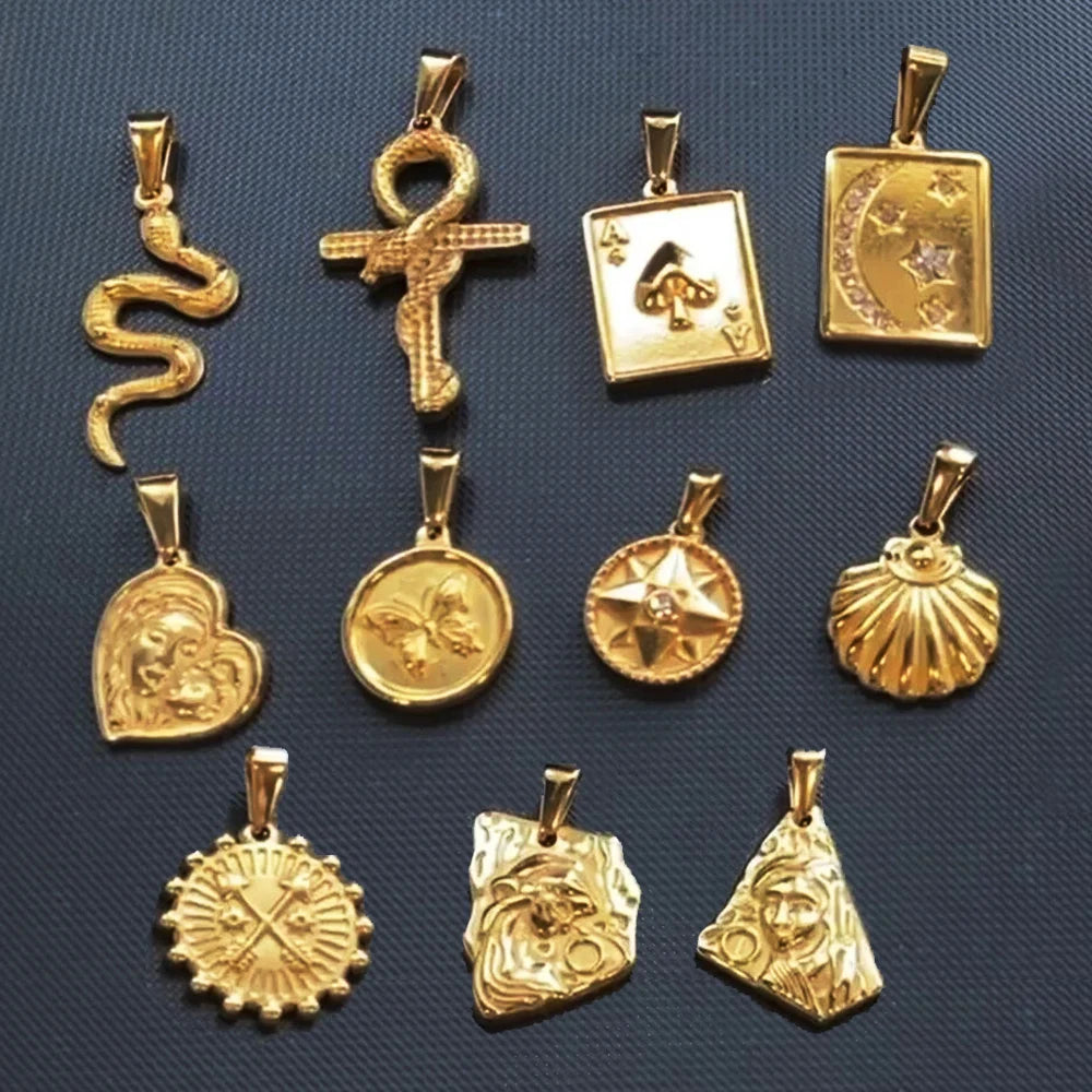 Hip Hop Jewelry Cz North Star Charm Moon Pendants Stainless Steel 18k Gold Cross Snake Pendant Poker Medal Virgin Mary Jewelry