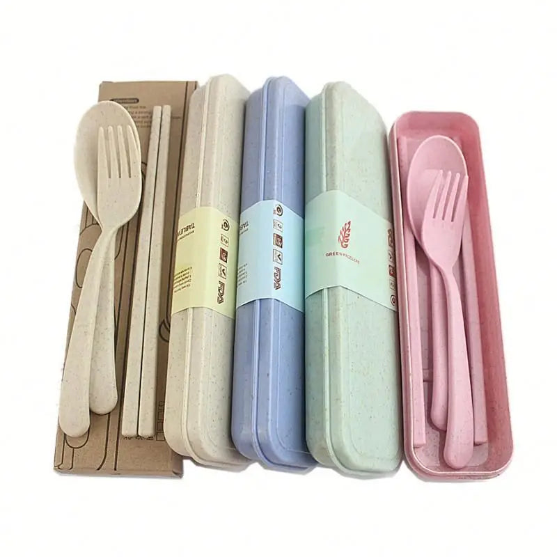 Camping Travel Reusable Flatware Fork Chopsticks Spoon Tableware Portable Wheat Straw Cutlery Set with case