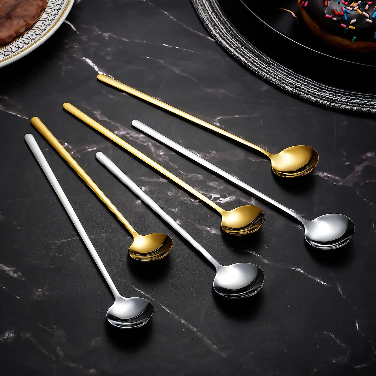 QZQ Long Handle Coffee Spoon Small Korean Metal Dessert Spoons Gift Silver Stainless Steel Flatware Gold Tea Spoon Set