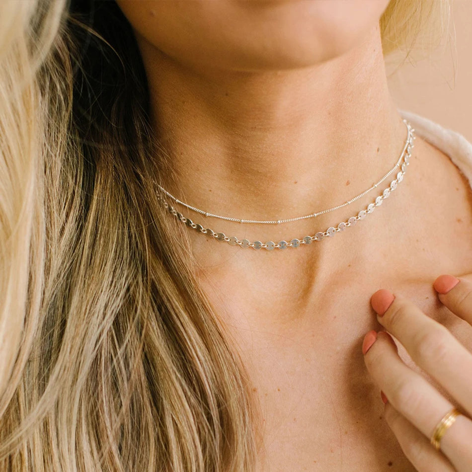 EManco Layered Necklace Set Wholesale Women Dubai Stainless Steel Choker Necklace Set Trendy Gold Disc Link Chain Choker