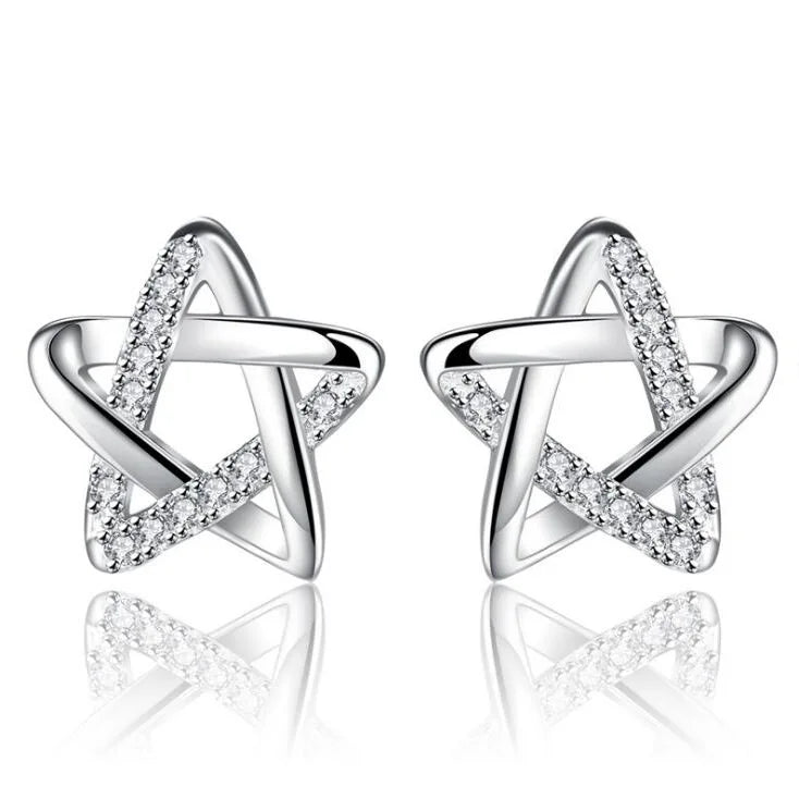 Customized Women's Sterling Silver Zircon Star White CZ Stud Korean Earrings Rhodium Plated for Parties and Gifts