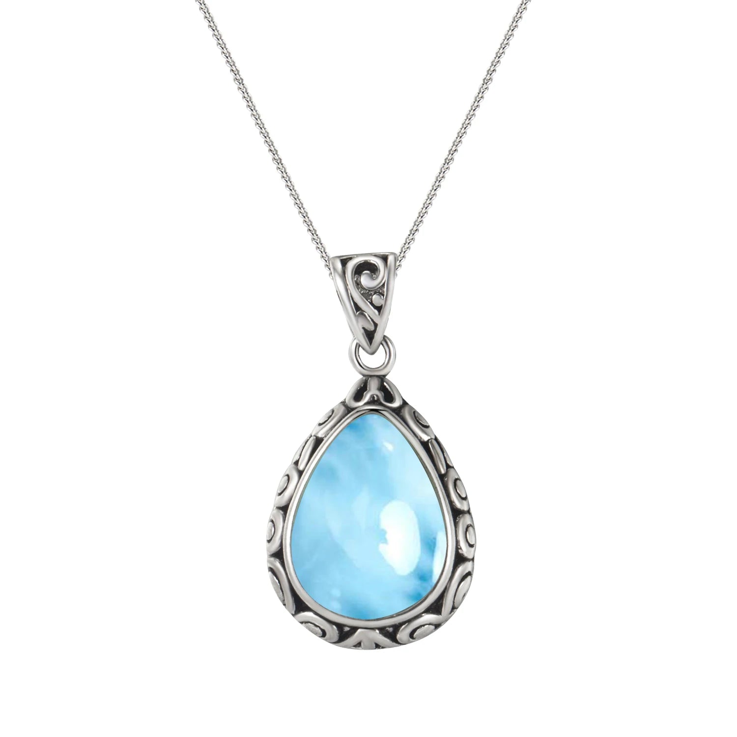 925 Sterling Silver Larimar Genuine Dominican Cabochon Natural Blue Larimar Pendant Antique Pear Cut Jewelry for Gift