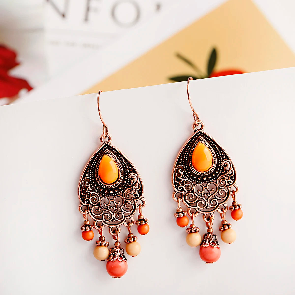 Bohemian Orange Beaded Tassel Drop Earrings Ethnic Carved Alloy for Women Vintage Stone Boho Ladies Earrings