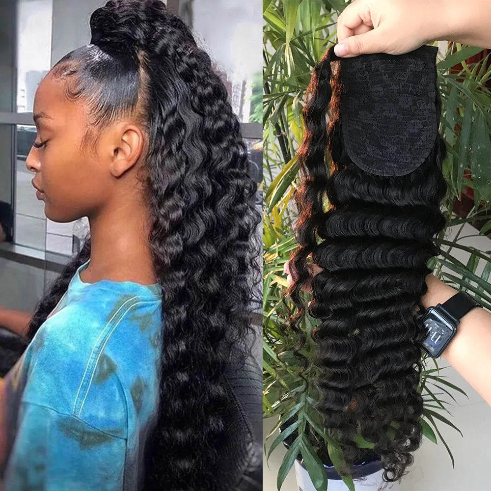 Hot Selling Grade 10a Brazilian Human Hair Wrap Ponytail Hairpiececuticle Aligned Virgin Wrap Deep Wave Ponytail