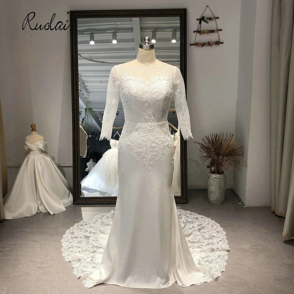 Ruolai QW01732 Elegant 3/4 Long Sleeves Lace Bridal Gowns Scoop Mermaid Wedding Dress