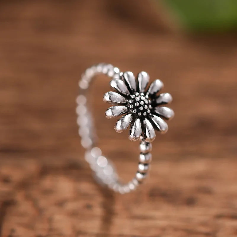 925 Sterling Silver Opening Ring Sunflower Retro Simple Female Flower Ring Sterling Silver Jewelry Wholesale