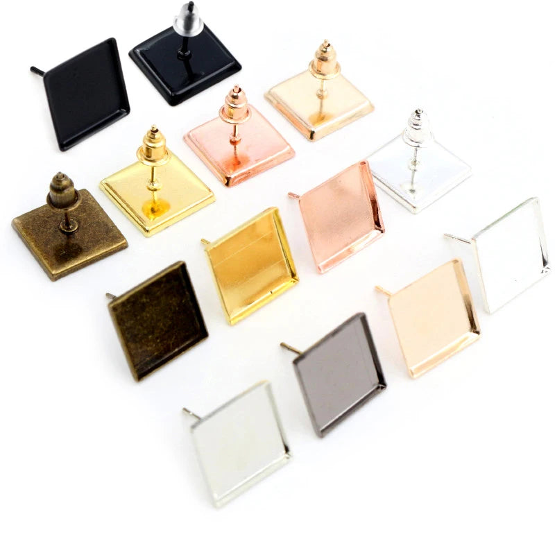 20pcs 12mm Square Earring Studs Blank Base Fit 12mm Glass Cabochons DIY Earrings Stud Bezel Trays Jewelry Making Findings