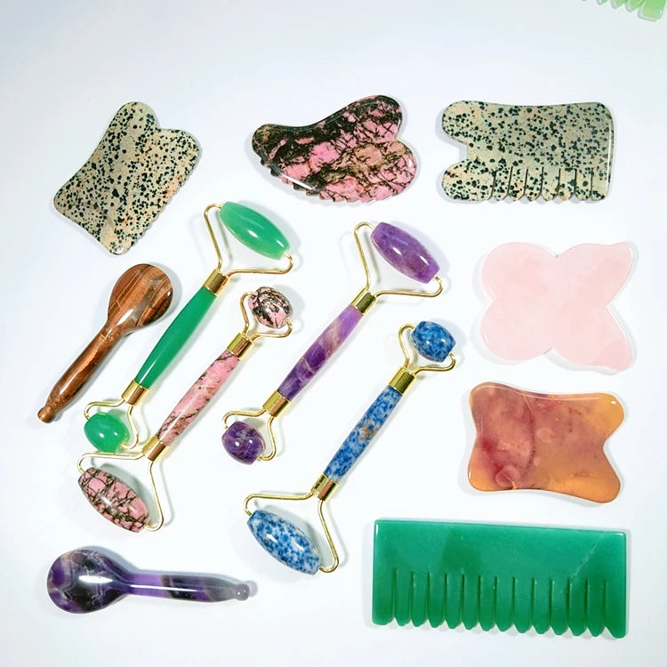 HZ Wholesale Custom Logo Masajeador Rodillo Facial Jade Stone Massage Roller Gua Sha Tool Set Dalmation Jasper Beauty Tool for Face
