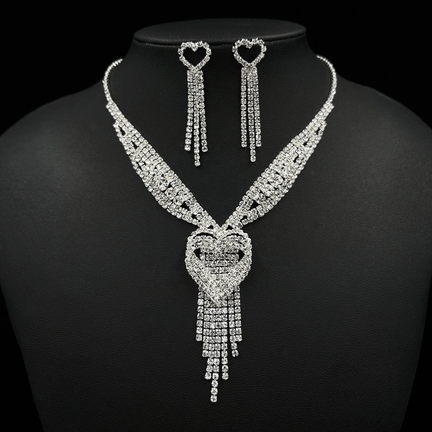 DAIHE Set-3384 South American Fashion Light Luxury Full Diamond love Tassel Earrings Necklace Two-piece Set