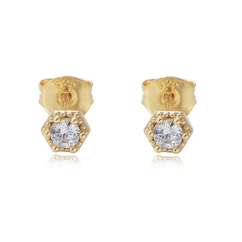 Simple Fashion 14k Gold Plated 925 Sterling Silver clear Cz Stone Hexagon Stud Earrings