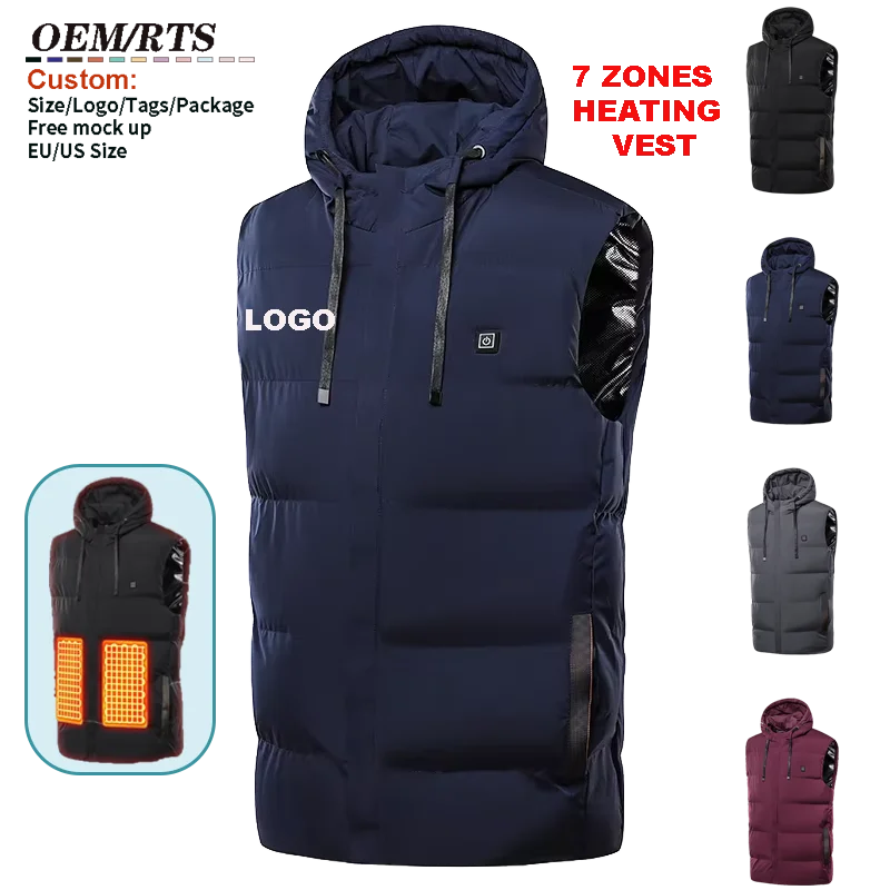 Men's Winter Heated Waterproof Hooded Vest 7 Zones 3-Level Temperature Controller Eco-Friendly Electric Clothing Stand Collar