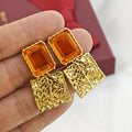 IlonaTrendy Statement 18K Gold Plated Copper Drop Earrings Amber Color Square Stone Hollow Filigree Dangle Earrings for Women