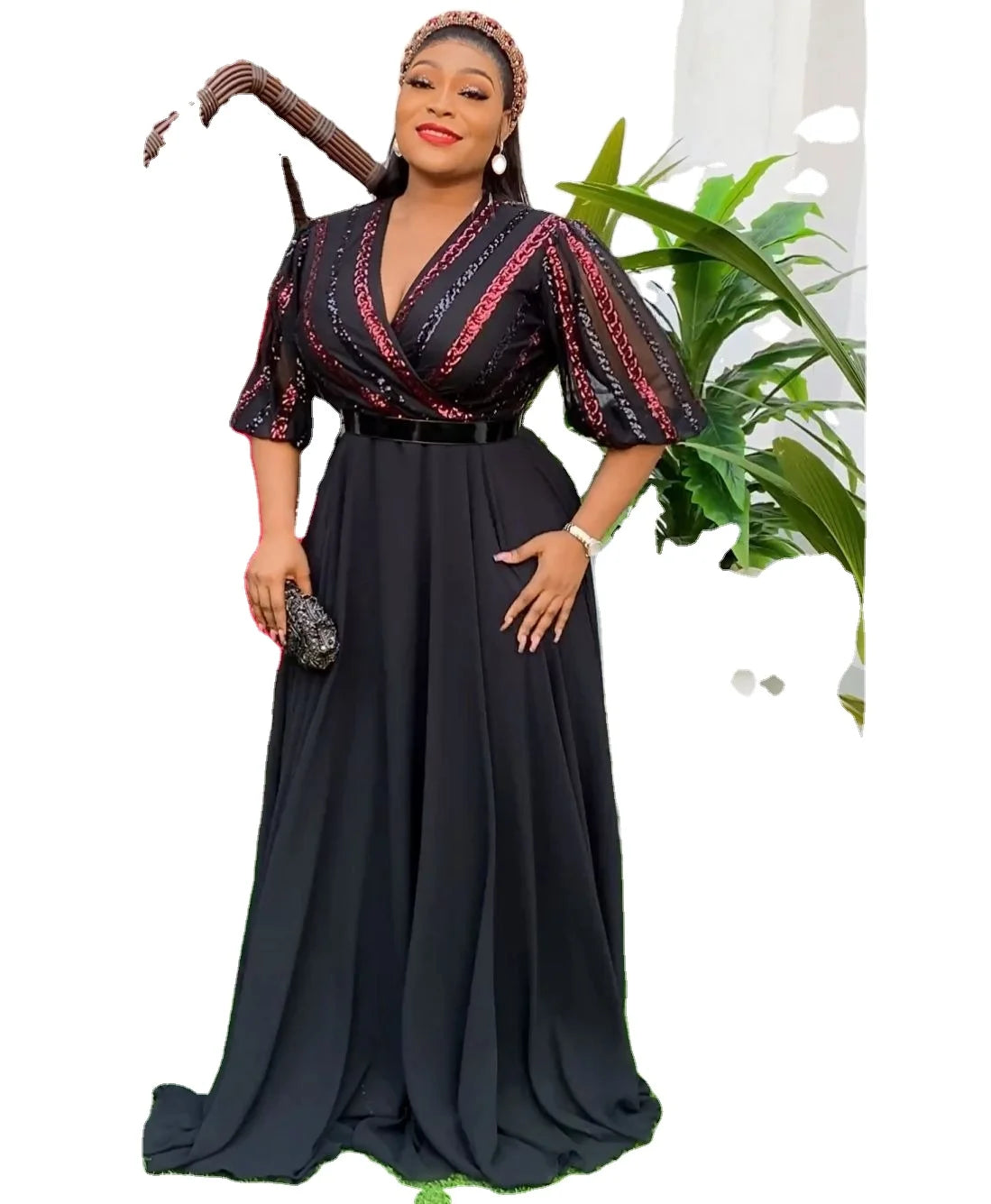 2024 African New Design Embroidery Sequin Short Sleeve Maxi Party Evening Banquet Dress for Women K0316
