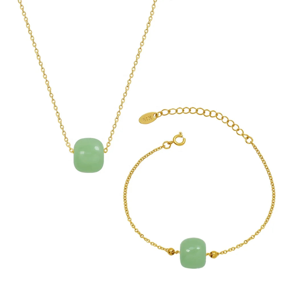 Hot Sale Jade Point Pendant Necklaces and Bracelets Stainless Steel Jewelry Set