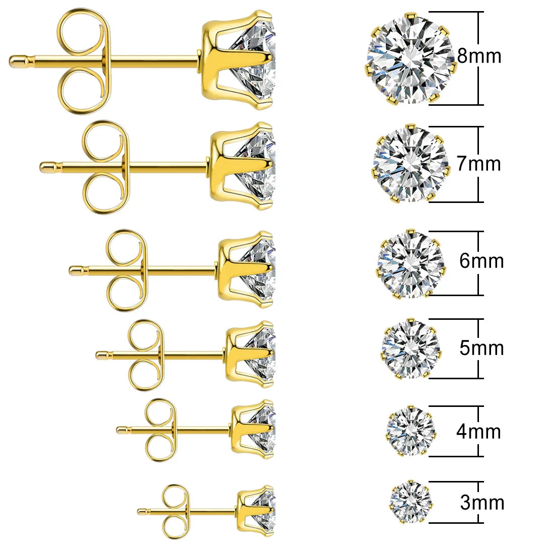 Pairs 316L Stainless Steel 18k Gold Plated Round Cubic 3A Zirconia for Men Women Diamond Stud Earrings
