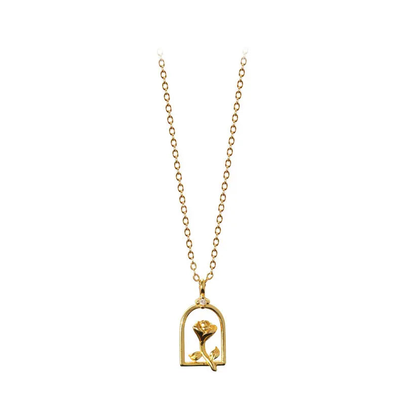 Creative Designer Fashion Beautiful Pure S925 Sterling Silver Chain Rose Flower Pendant Necklace for Women Jewelry