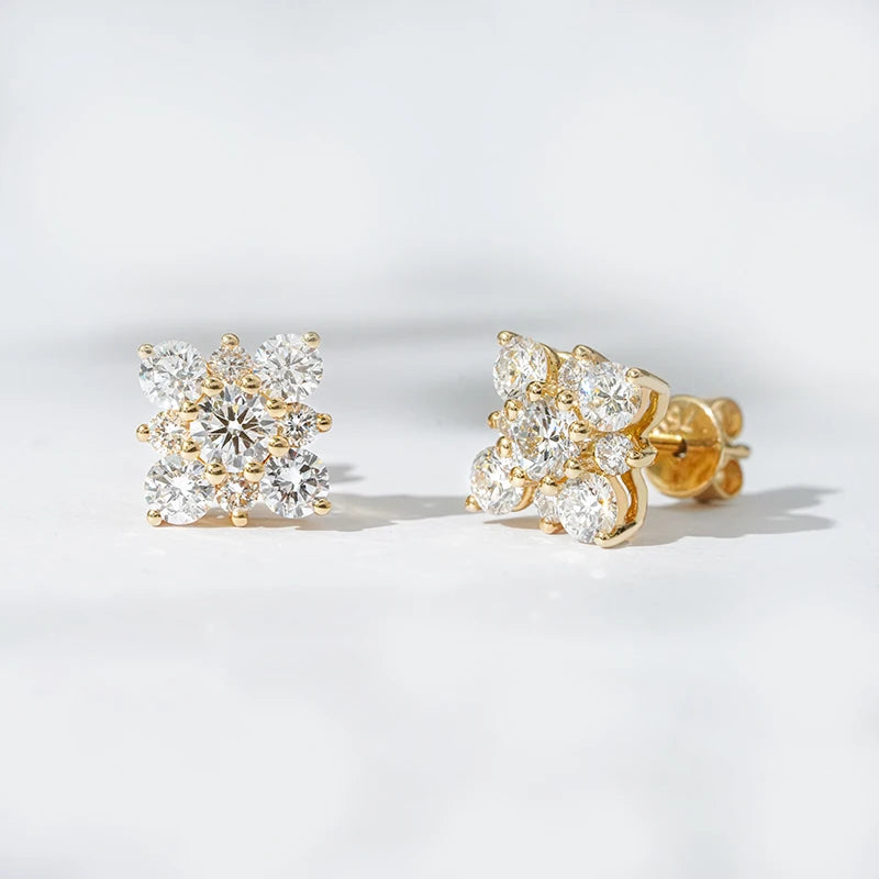 Staresgem Lab Diamond Earrings Flower Design 18K Yellow Gold Lab Grown Diamond Stud Earrings
