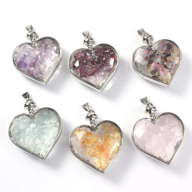 Creative Natural Raw Crystal Gravels Stone Chips Heart Wishing Bottle Gemstone Pendants Necklace for Friend Best Gift