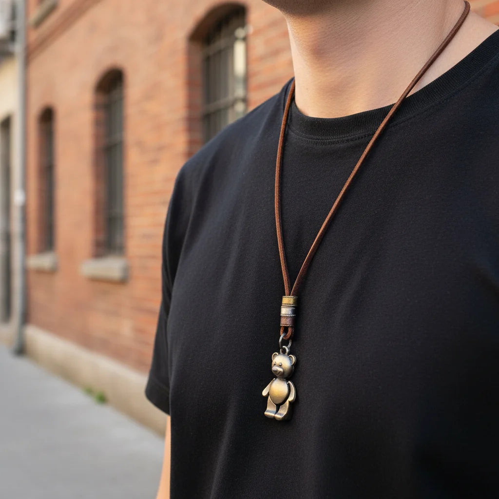 Hot Sale Fashion Retro Jewelry Simple Cartoon Bear Pendant Zinc Alloy Genuine Leather Rope Necklace Anniversary Wedding Party