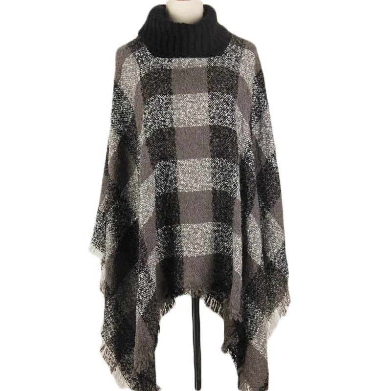 MIO Classic Plaid Winter Ladies Warm Oversized Shawl Wrap Open Front Tassel Imitated Cashmere Poncho Turtle Neck Women