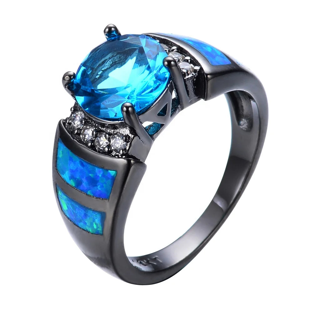 Women's Blue Opal Gemstone Ring Square Blue Sapphire Round Brilliant Cut Cubic Zirconia CZ Black Gold Plated Brass Ring
