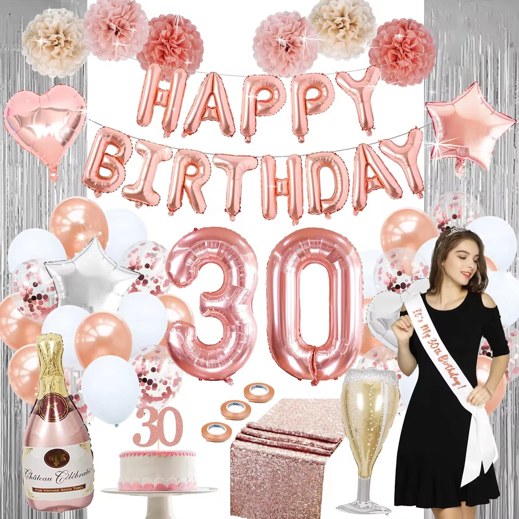 Nicro Wholesale 30th Happy Birthday Rose Gold Foil Balloon Girl Birthday Foil Balloon Event Party Supplies Decorations Set
