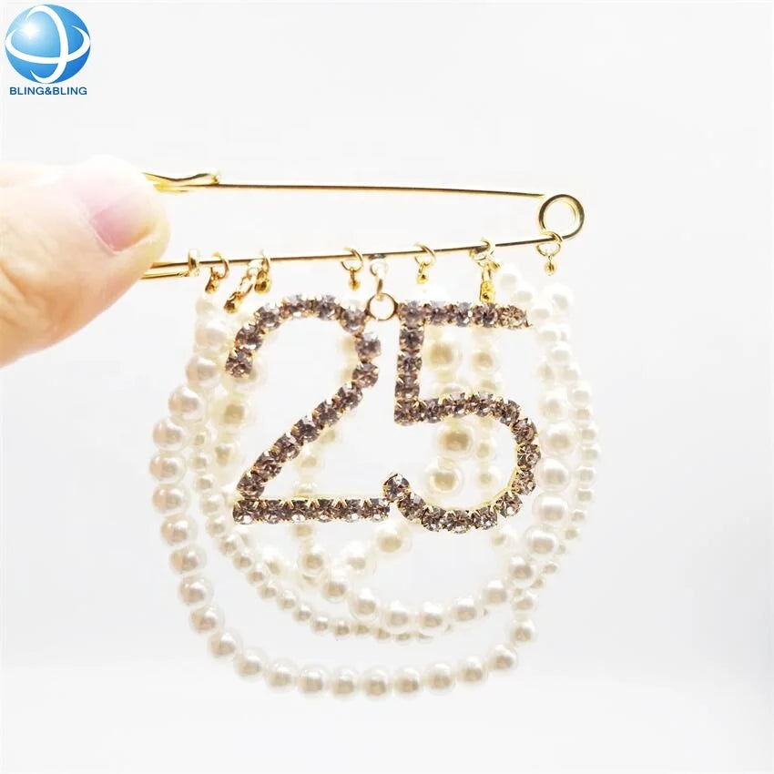 Fashion Rhinestone Number 25 Pearl Tassels Safe Pins Delta Sorority Brooches for Christmas Diamond Brooch Sorority Gift