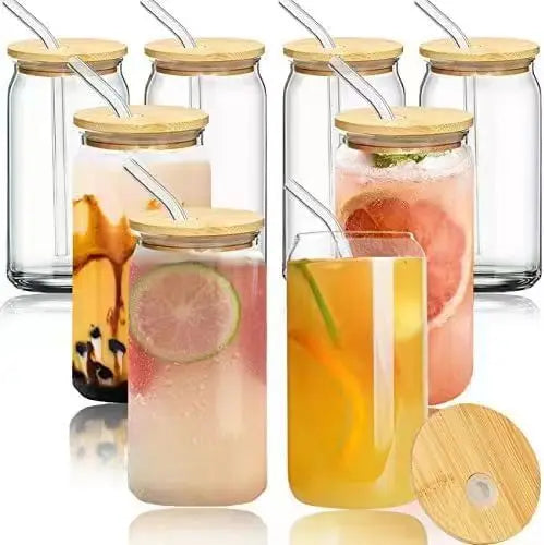 12oz 16oz 20oz Clear Frosted Can Shaped Drinking Glasses Jar Glass Cup Bottles with Bamboo Lids and Glass Straws
