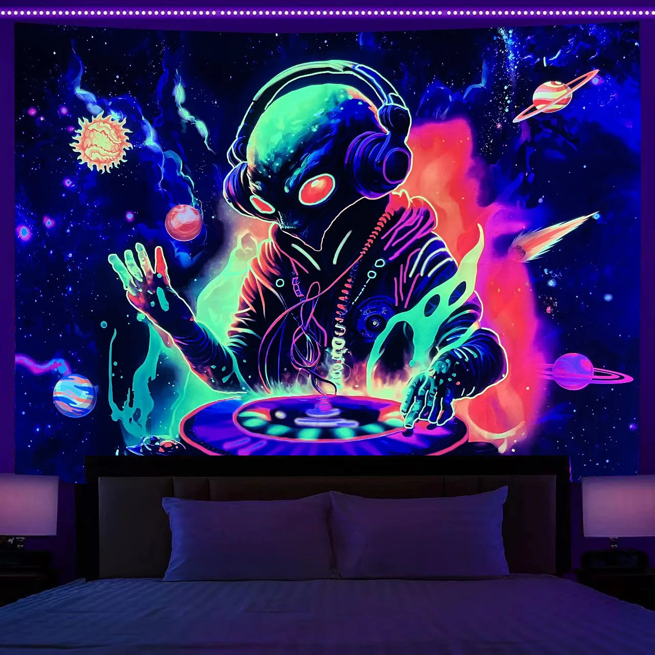 Custom UV Reactive Skull Eco-Friendly Rectangle Wall Tapestry Hippie Bohemian Abstract Alien Mandala Hanging Black Light Glow
