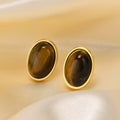 Simple Stainless Steel Earrings Tiger Eye Stone Shell Oval Small Stud Earrings Retro Women's Fashion Earrings Jewelry