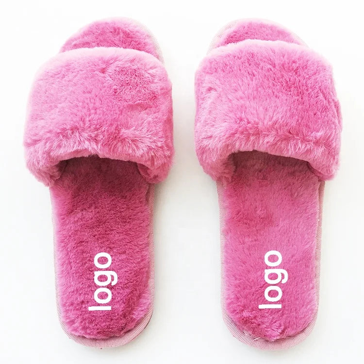 High-quality Women Autumn Plush House Fuzzy Open Toe Slides Ladies Fur Shoes Hot Pink Flat Sandals for French
