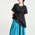 2065's Summer New Women's Loose Tops Mid-length Thin Short-sleeved Shirts Drawstring Irregular Design Shirts