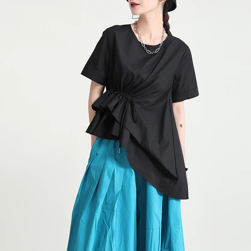 2065's Summer New Women's Loose Tops Mid-length Thin Short-sleeved Shirts Drawstring Irregular Design Shirts