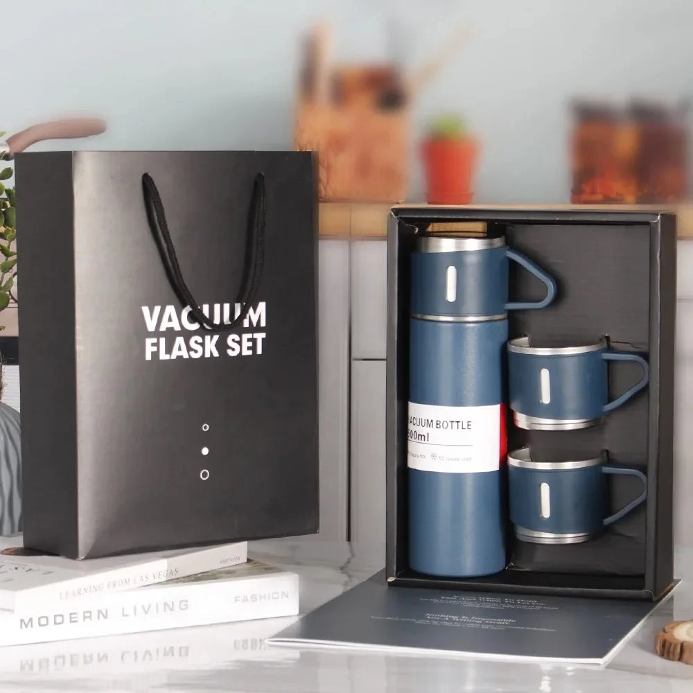 One Cup Two Lid 304 Stainless Steel Vacuum Thermos Set Business Gift Vacuum Flask Set Gift