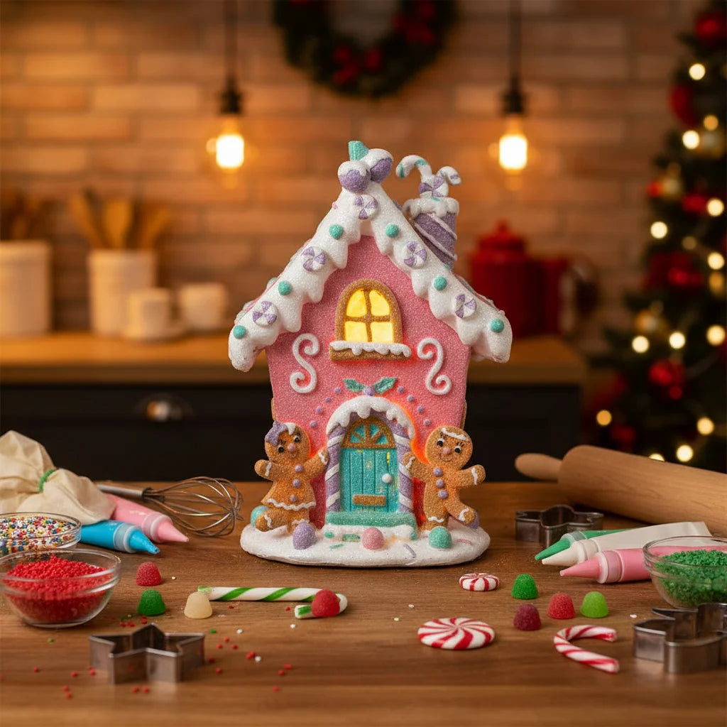 Pink Resin Gingerbread House Decor Christmas Decoration 2024 Lighted Christmas Village Houses