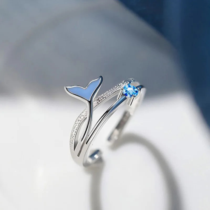 Fashion Simple INS Style Zircon Ring Creative Versatile Blue Mermaid Tail Double Layer Opening Adjustable Ring Fashion Ring