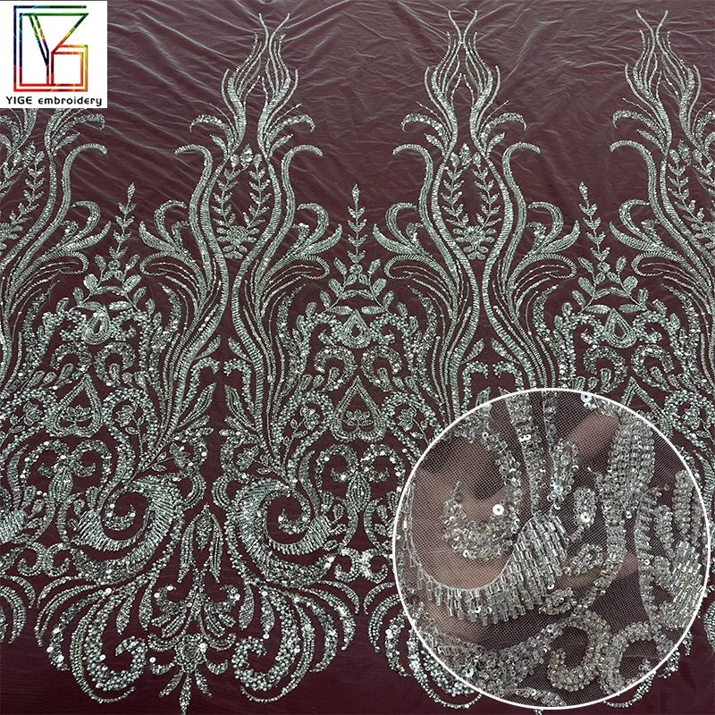 Latest Luxurious and Sequins Laces Fabrics Women Pearls Sequin Lace Embroidered Pearl 100%Polyester Tulle Beaded Fabric
