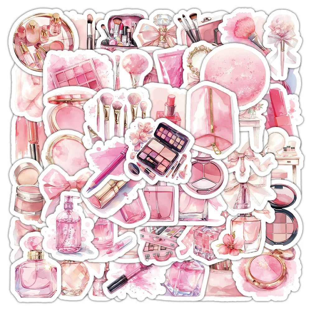 50Pcs Cute Pink Girl Makeup Cosmetics Graffiti Stickers for Laptop Luggage Decor Watercolor Perfume Sticker