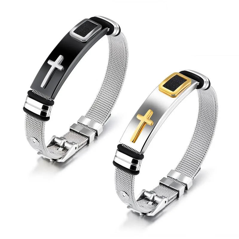 Adjustable Length Mens Cross Mesh Bracelet Men Stainless Steel Clasp Cool Christian Jewelry Genuine Leather Bracelet MegaBDM