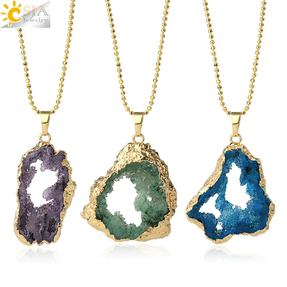 CSJA Gold Color Necklace Chain Fashion Jewelry Irregular Natural Crystal Stone Pendant Necklaces for Women Men G361