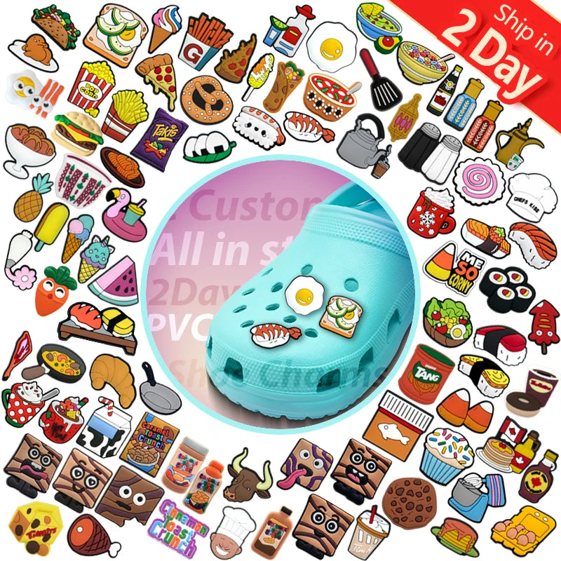 2025 Custom Logo Factory Direct Wholesale Soft PVC Fast Food Shoe Accessories Burgers Fries Sushi Ice Decoration Shoe Charms
