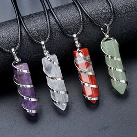 Crystal Pendant Gemstone Necklace for Women Spiritual Energy Silver Wire Wrapped Crystals Healing Hexagonal Pendant Necklace Men